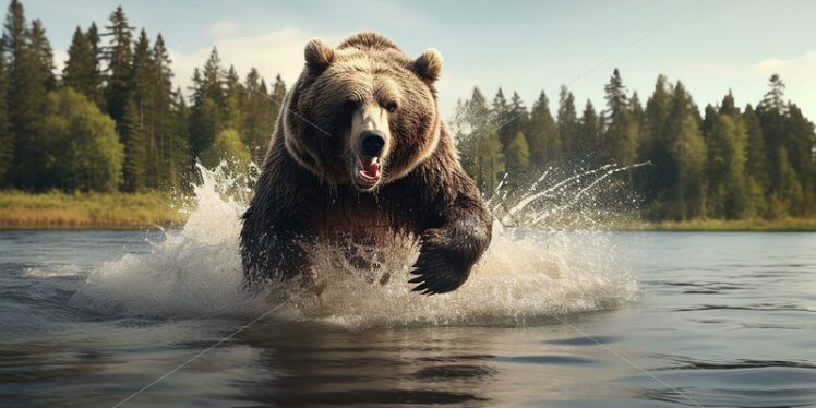 A brown bear fishing in a lake at the foot of the mountains - Starpik Stock