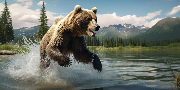 A brown bear fishing in a lake at the foot of the mountains - Starpik Stock