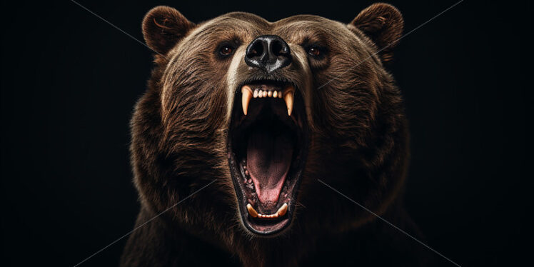 A brown bear with its mouth open on a black background - Starpik Stock