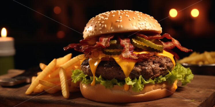 A burger with meat, bacon and cheese - Starpik Stock