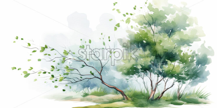 A bush on the background of a forest painted in watercolor - Starpik Stock