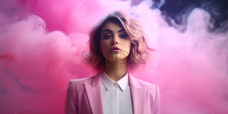 A business lady in pink on a background of pink smoke - Starpik Stock