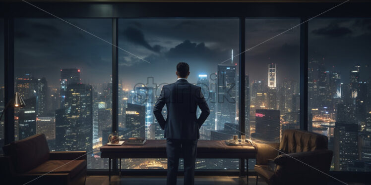 A businessman looks out the window of an office - Starpik Stock