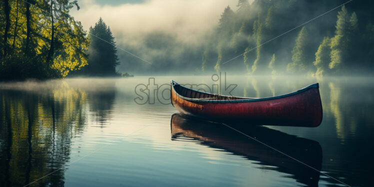 A canoe on the water of a lake in the middle of nature - Starpik Stock