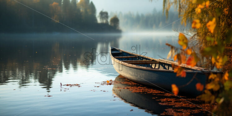 A canoe on the water of a lake in the middle of nature - Starpik Stock