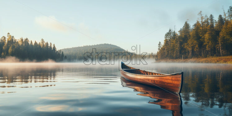 A canoe on the water of a lake in the middle of nature - Starpik Stock