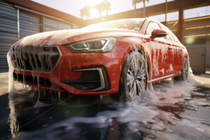 A car at the laundry full of washing foam - Starpik Stock