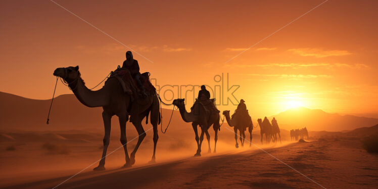 A caravan of camels crossing a desert - Starpik Stock