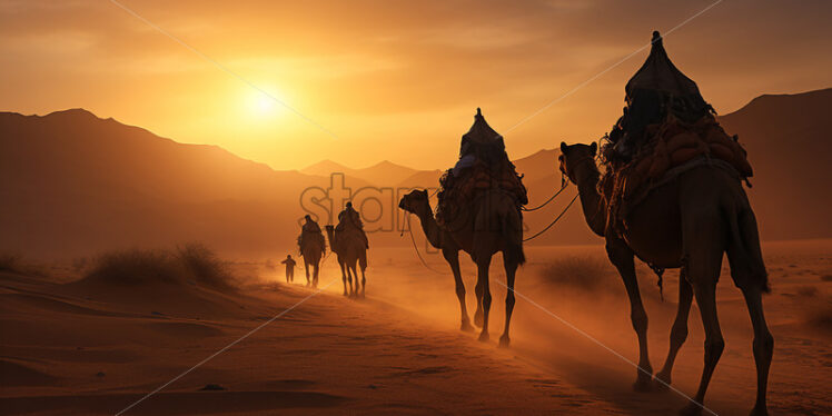 A caravan of camels crossing a desert - Starpik Stock