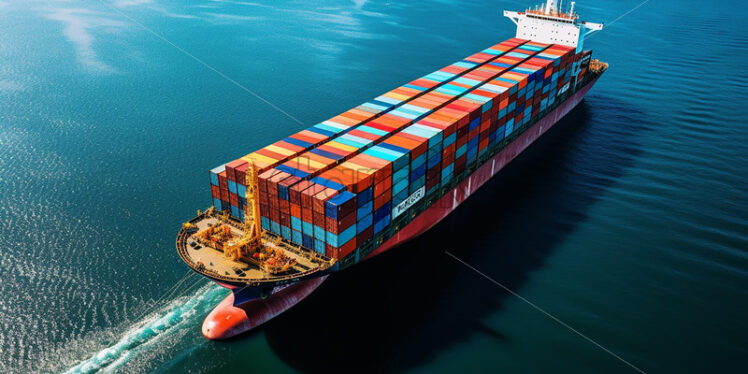 A cargo ship at sea, seen from above - Starpik Stock