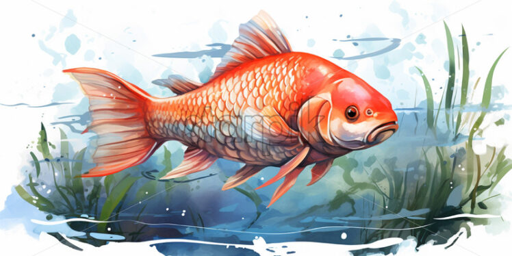 A carp in the water of a river, watercolor clipart style - Starpik Stock