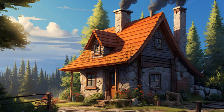 A cartoon-style house in a forest - Starpik Stock