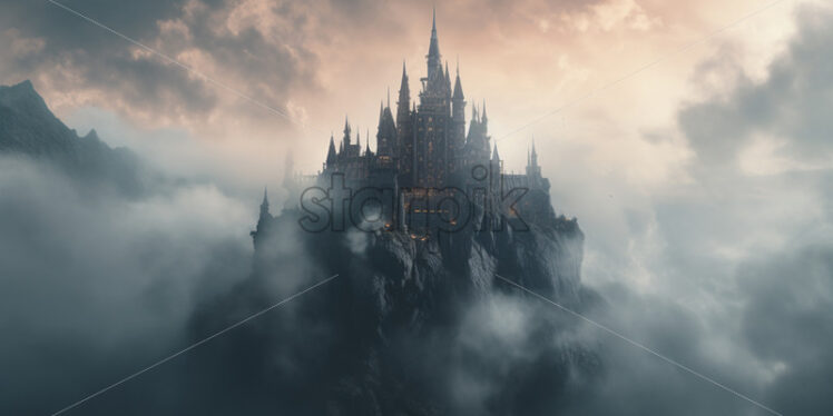 A castle in the fog on a mountain peak - Starpik Stock