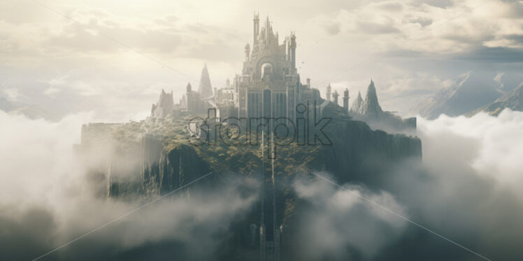 A castle in the fog on a mountain peak - Starpik Stock