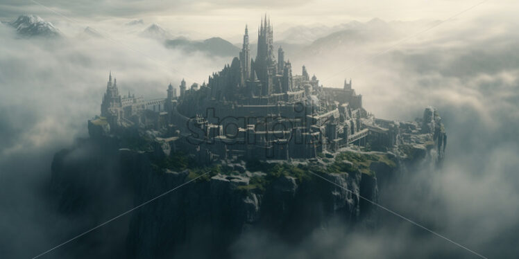 A castle in the fog on a mountain peak - Starpik Stock