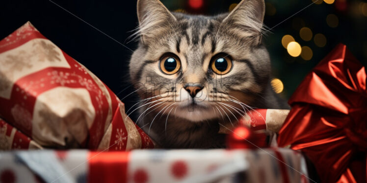 A cat looks among the presents - Starpik Stock