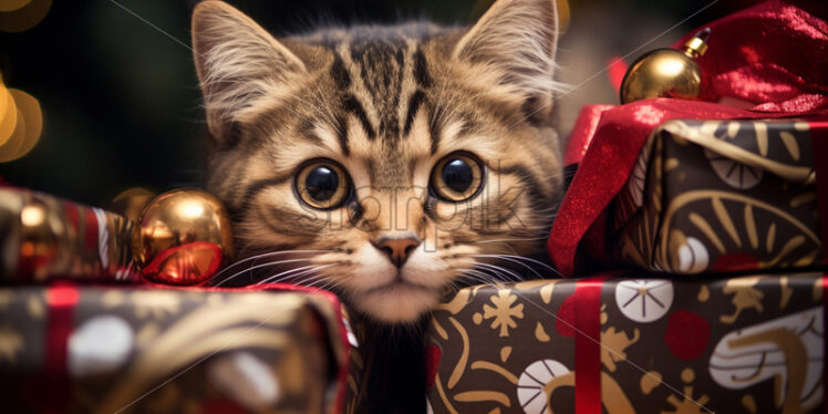 A cat looks among the presents - Starpik Stock