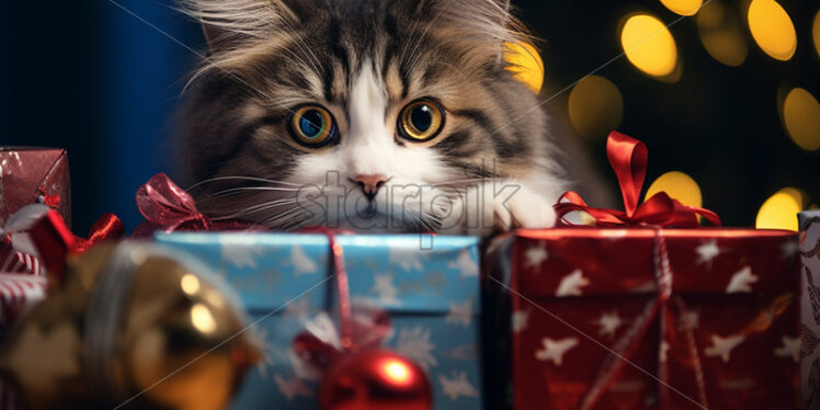 A cat looks among the presents - Starpik Stock