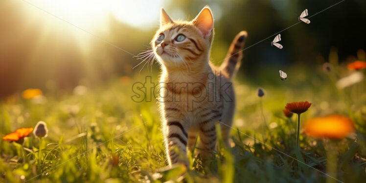 A cat on a field with butterflies - Starpik Stock