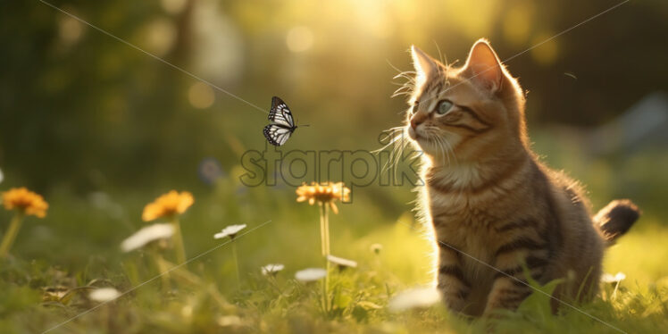 A cat on a field with butterflies - Starpik Stock