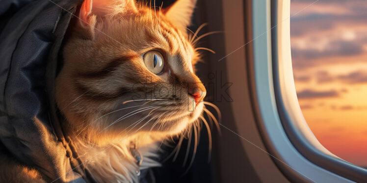 A cat on the plane looking out the window - Starpik Stock