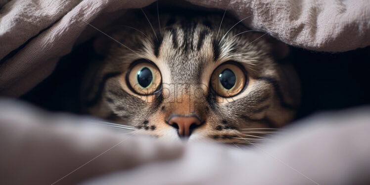 A cat poking its head out from under a duvet - Starpik Stock