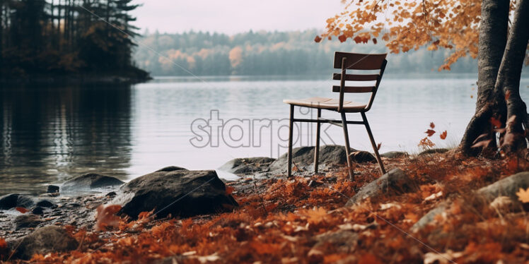 A chair that was on the shore of a lake, in the background an autumn forest - Starpik Stock