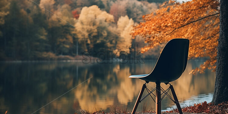 A chair that was on the shore of a lake, in the background an autumn forest - Starpik Stock