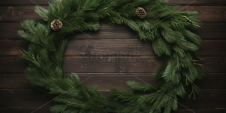 A circular fir garland on a wooden table - Starpik Stock