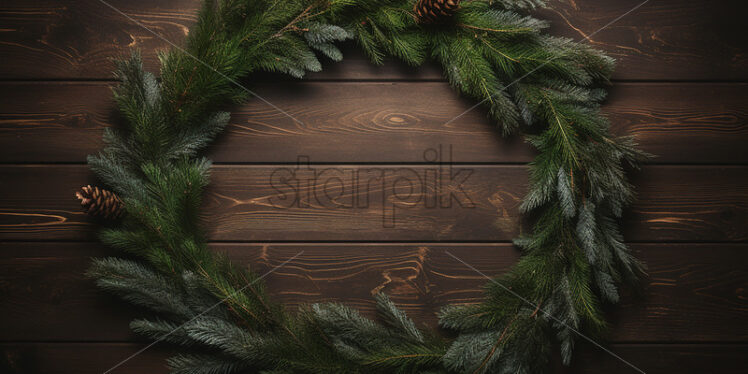 A circular fir garland on a wooden table - Starpik Stock