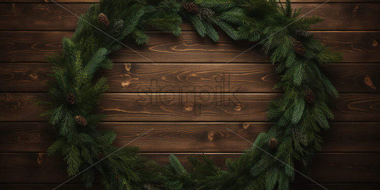 A circular fir garland on a wooden table - Starpik Stock