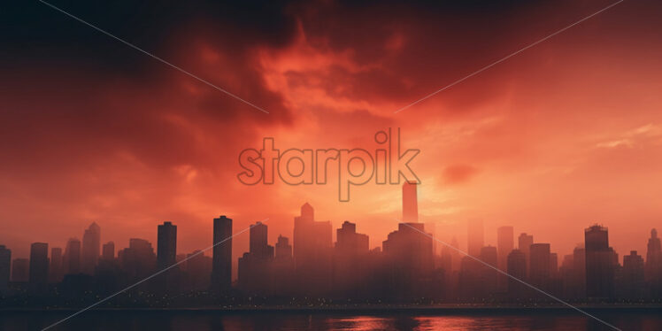 A city in fog at sunset - Starpik Stock