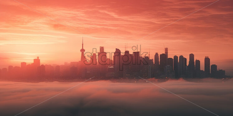 A city in fog at sunset - Starpik Stock