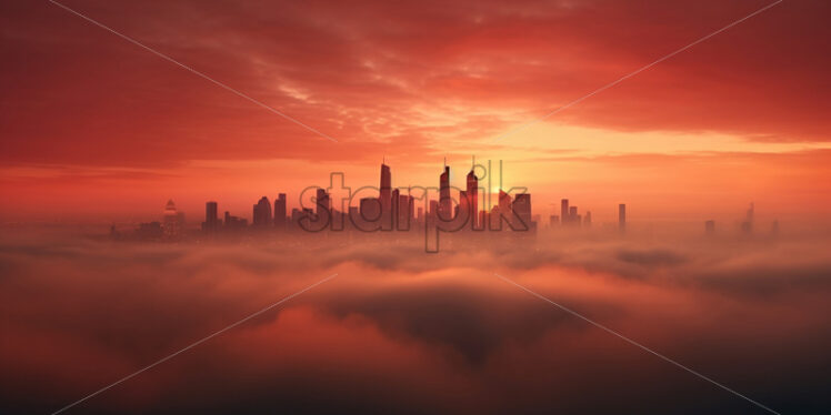 A city in fog at sunset - Starpik Stock