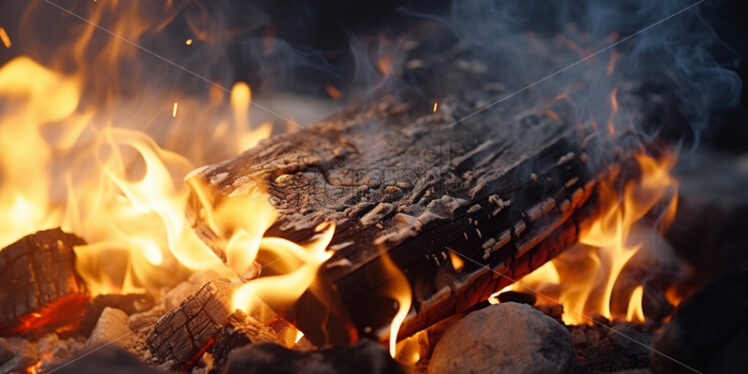 A close-up fire in which wood is burning - Starpik Stock