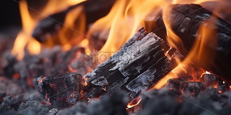 A close-up fire in which wood is burning - Starpik Stock