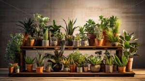 A collection of potted plants on a wooden pad - Starpik Stock