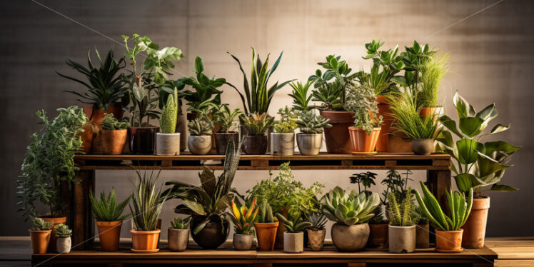 A collection of potted plants on a wooden pad - Starpik Stock