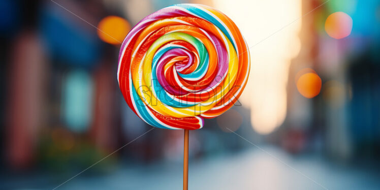 A colorful lollipop on the background of a city - Starpik Stock