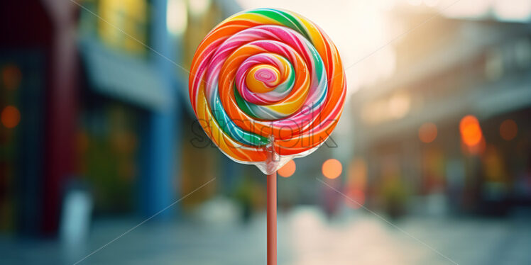 A colorful lollipop on the background of a city - Starpik Stock