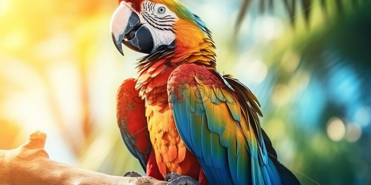 A colorful parrot sitting on the branch of a tropical tree - Starpik Stock