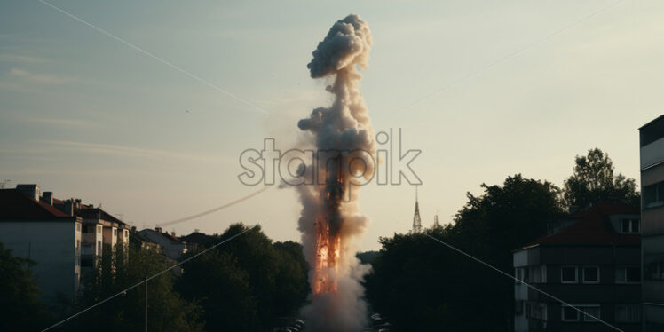 A column of smoke from a rocket that fell into the city - Starpik Stock