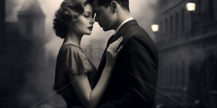 A couple from the 1920s against the background of a city, black and white - Starpik Stock