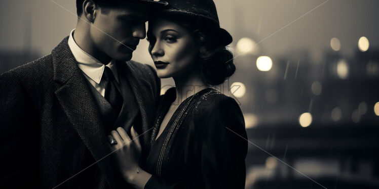 A couple from the 1920s against the background of a city, black and white - Starpik Stock