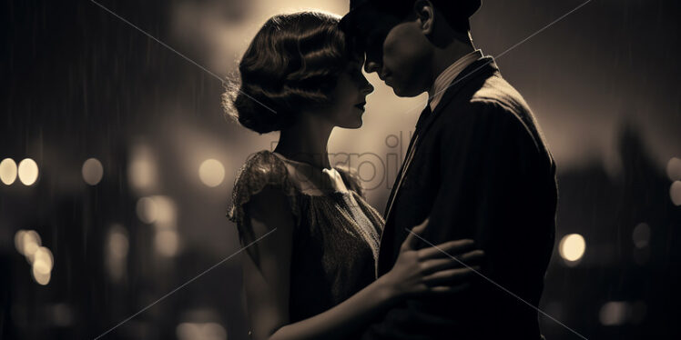 A couple from the 1920s against the background of a city, black and white - Starpik Stock