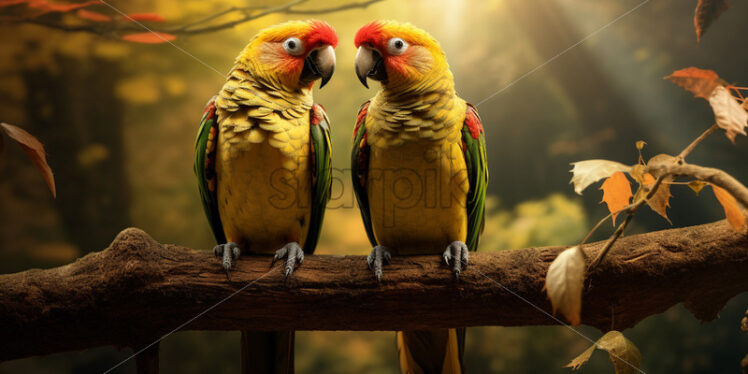 A couple of parrots sitting on a branch - Starpik Stock