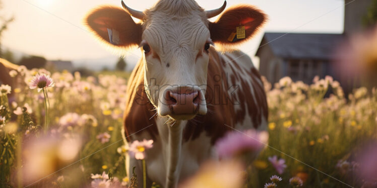 A cow in a field with flowers - Starpik Stock