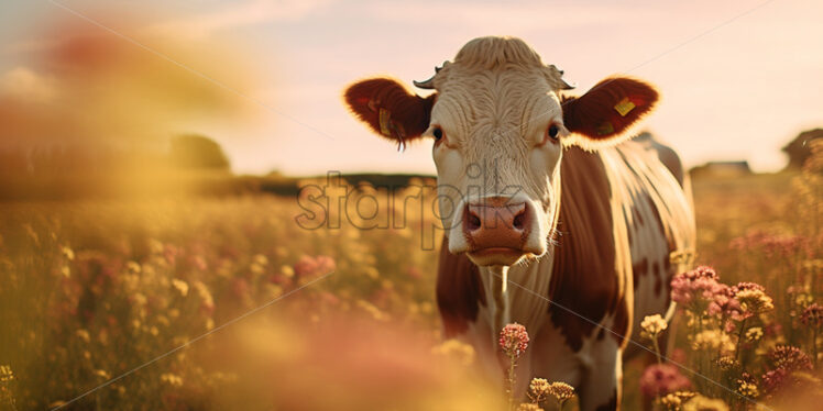 A cow in a field with flowers - Starpik Stock