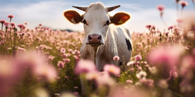 A cow in a field with flowers - Starpik Stock