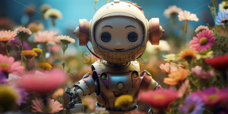 A cute robot in a field of flowers - Starpik Stock